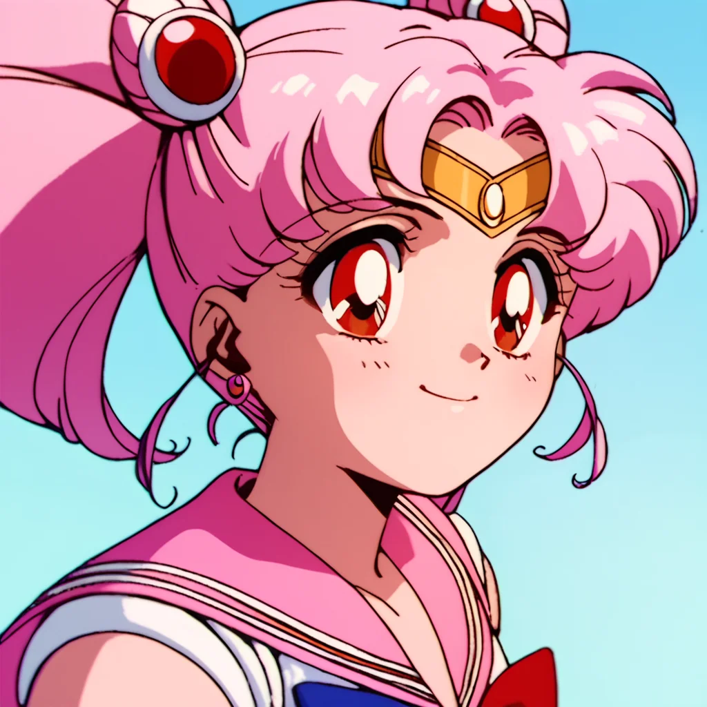 score_9, score_8_up, score_7_up, score_6_up, score_5_up, score_4_up, source_anime, , Sailor_Chibi_Moon, pink hair, red eyes, twintails, sailor senshi uniform, pink sailor collar, , soft smile, portrait