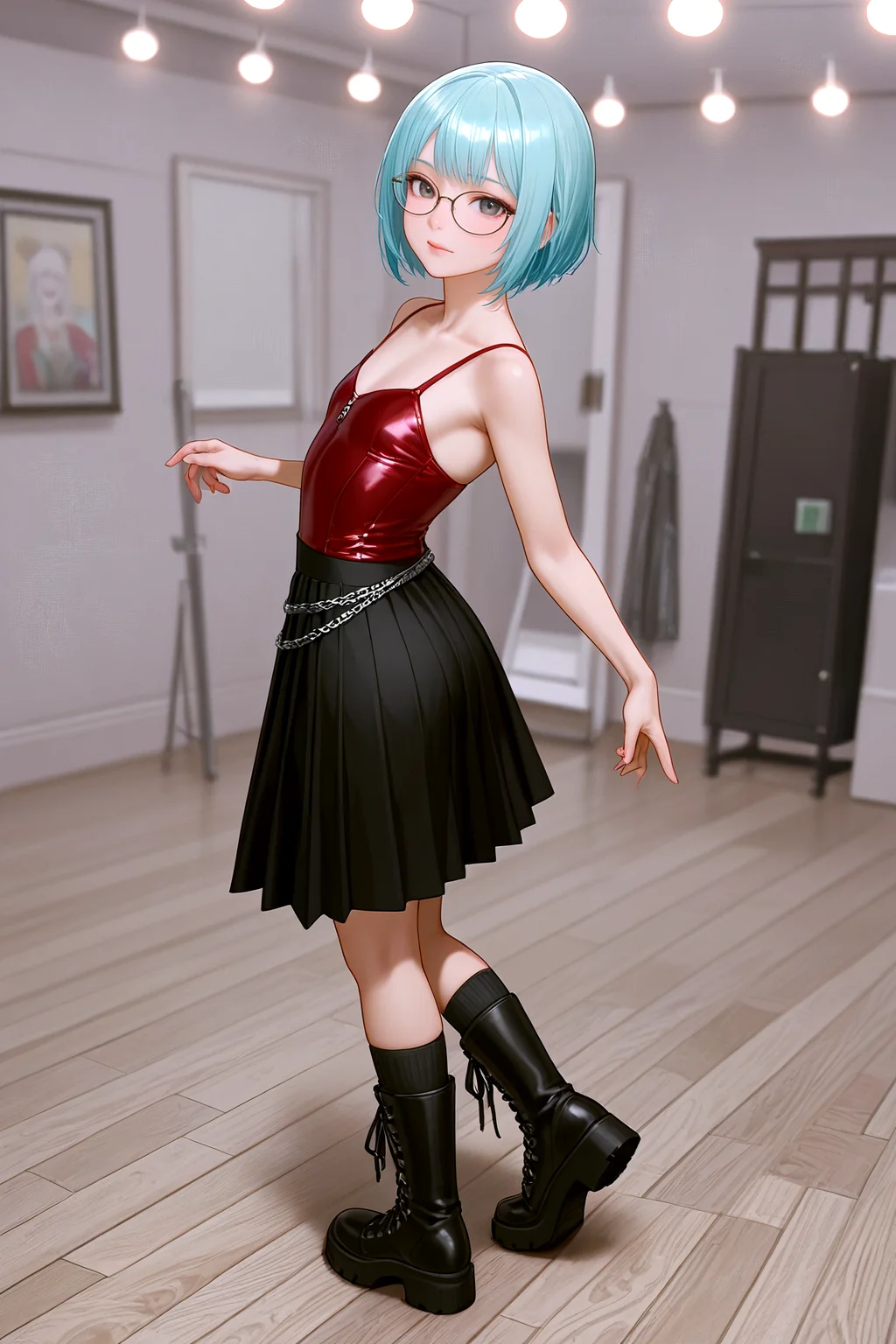 <lora:pytorch_lora_weights_361535:1>,<lora:Skin Color_alpha1.0_rank4_noxattn_250steps:-0.35>,
A professional scenic photography of a 28 year old Woman,solo,hazel eyes,(medium length turquoise hair),kinky hairs Shag Cut,(average body:1.1),flat chest hard breasts,ass,kawaii,petite,glasses,mole,
a red satin_bustier, high-waisted black pleated_skirt, black combat_boots, red platform_sneakers, silver chain_belt,
An underground music stage featuring a vibrant array of lights and atmospheric smoke. The wooden floor creaks under the weight of dancing feet while colorful beams of light dance across the walls. The air is thick with energy, as musicians pour their hearts into every note, creating an unforgettable experience,, highly detailed skin with hairs,detailed skin,detailed face,detailed eyes,sharp focus,Masterpiece,best quality,realistic,HDR, 8K, masterpiece, best_quality, absurdres, ultra-detailed, highly_aesthetic, highly_detailed_eyes, depth_of_field, realistic_body