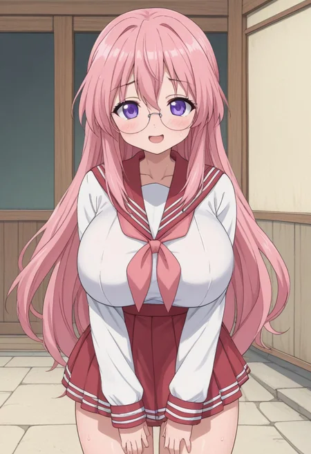 outdoor, midnight, Shinto shrine,
8k, super high vision:, intricate details, Super high quality, Super high resolution, masterpiece, full color,
anime art, animation,
beautiful breasts, huge breasts,
super cute girl, super cute face, narrow waist,
sweat, shiny skin, wet hair, wet body, droplet,
looking at you sexually, sexually excited state, heterosexual, gonzo,
smug, open your mouth, sigh, long breath, blush, bitch,
Place your hands on your hips, standing,
sailor collar, uniform, red skirt, pink neckerchief, mini skirt,
tiny hips, hips, thigh,
miyuki takara, long hair, purple eyes, pink hair, glasses, cowboy shot,