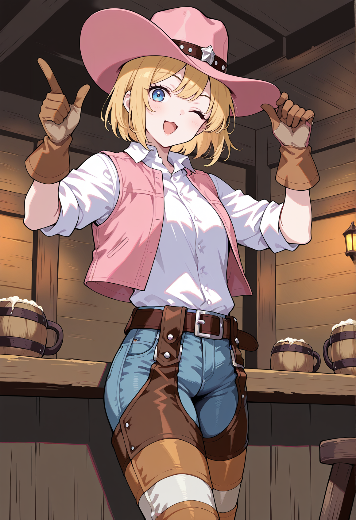 1girl, cowboy hat, blonde hair, blue eyes, short hair, white shirt, short sleeves, pink vest, gloves, jeans, chaps, solo, indoors, tavern, finger gun, hand on hat, wink, smile, chestnut mouth,  <lora:Kathy_suiko:1>, masterpiece, best quality, amazing quality, very aesthetic, absurdres, highres, newest