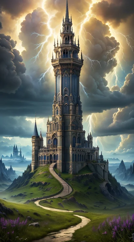 Masterwork Painting, Magnum Opus, 
HDR photo of 
Dreamscape, 
ethereal fantasy concept art of  
 <lora:Wizard_Tower-10:0.75> witow, castle, cloud, cloudy sky, grass, no humans, scenery, sky, tower, tree, 
 <lora:locon_conceptlightning_v1_from_v1_64_32:1> lghtnngprsn, lightning, storm,
. magnificent, celestial, ethereal, painterly, epic, majestic, magical, fantasy art, cover art, dreamy,
. Surreal, ethereal, dreamy, mysterious, fantasy, highly detailed,
. High dynamic range, vivid, rich details, clear shadows and highlights, realistic, intense, enhanced contrast, highly detailed,
  highres, 8k, uhd, High Dynamic Range, tonemapping, crisp details,  intricate details, fine details