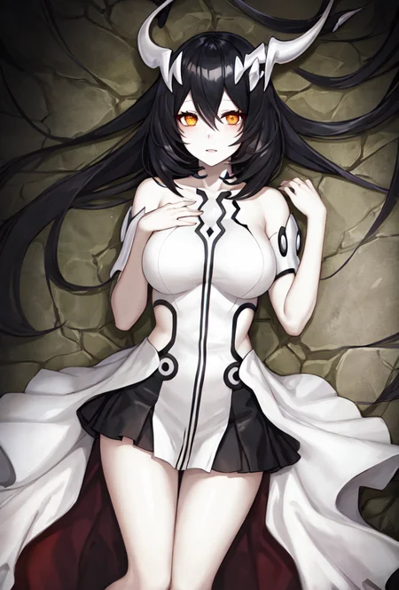 best illustration, digital painting, cavern+waterfall, stalactites, jagged rocks, anchorage water oni, on back, lying, upper body, 1girl, abyssal ship, black hair, breasts, colored skin, horns, long hair, orange eyes, pale skin, bare shoulders, (double vertical stripes white dress:1.1), black skirt, overskirt, hrrsks, <lora:Anchorage Water Oni-2:0.85>