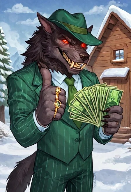 score_9,score_8_up,score_7_up,score_6_up, BREAK, solo, solo focus, <lora:WerewolfSkyrim:0.7> no humans, monster, teeth, sharp teeth, werewolf, fangs, red eyes, tail, open mouth, wolf,  gangstersb, furry, thumbs up, one eye closed, grin, smile, money, holding money, portrait, cropped torso, black fur, glowing eyes, ring, formal, hat, green headwear, necktie, suit, striped, looking at viewer, Blizzard setting, Snow, night time, Cabin in the background