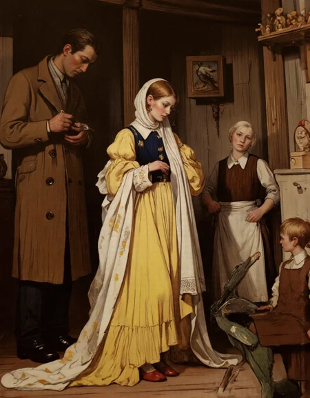 UHD, 8K, ultra detailed, a cinematic photograph of Rembrandt style <lora:suteev:1>, This is a highly detailed, realistic oil painting by German artist Max Liebermann, titled "The Snow Queen." The painting depicts a scene from the fairy tale "The Snow Queen" by Hans Christian Andersen. The central figure is a young woman dressed in a voluminous, yellow gown with a dark blue bodice and puffy sleeves. Her hair is styled in a loose, wavy fashion, and she wears red high-heeled shoes. Surrounding her are three other figures: a man, a woman, and a boy. The man, standing to the left, has a serious expression and wears a brown coat and trousers. The woman, standing slightly behind the man, has a neutral expression and is dressed in a dark brown dress with a white apron. The boy, standing to the right, has a curious expression and is dressed in a white shirt with brown trousers and a vest.,
The setting appears to be a rustic, wooden interior with a wooden ceiling and beams. The walls are adorned with a bird sculpture and a small, framed painting. In the background, there is a wooden shelf with various small, wooden toys. The lighting is warm, casting soft shadows that enhance the texture and depth of the scene. The painting captures a moment of stillness and contempl . Baroque, chiaroscuro, realistic, emotional, "flat lighting, beautiful lighting, great composition