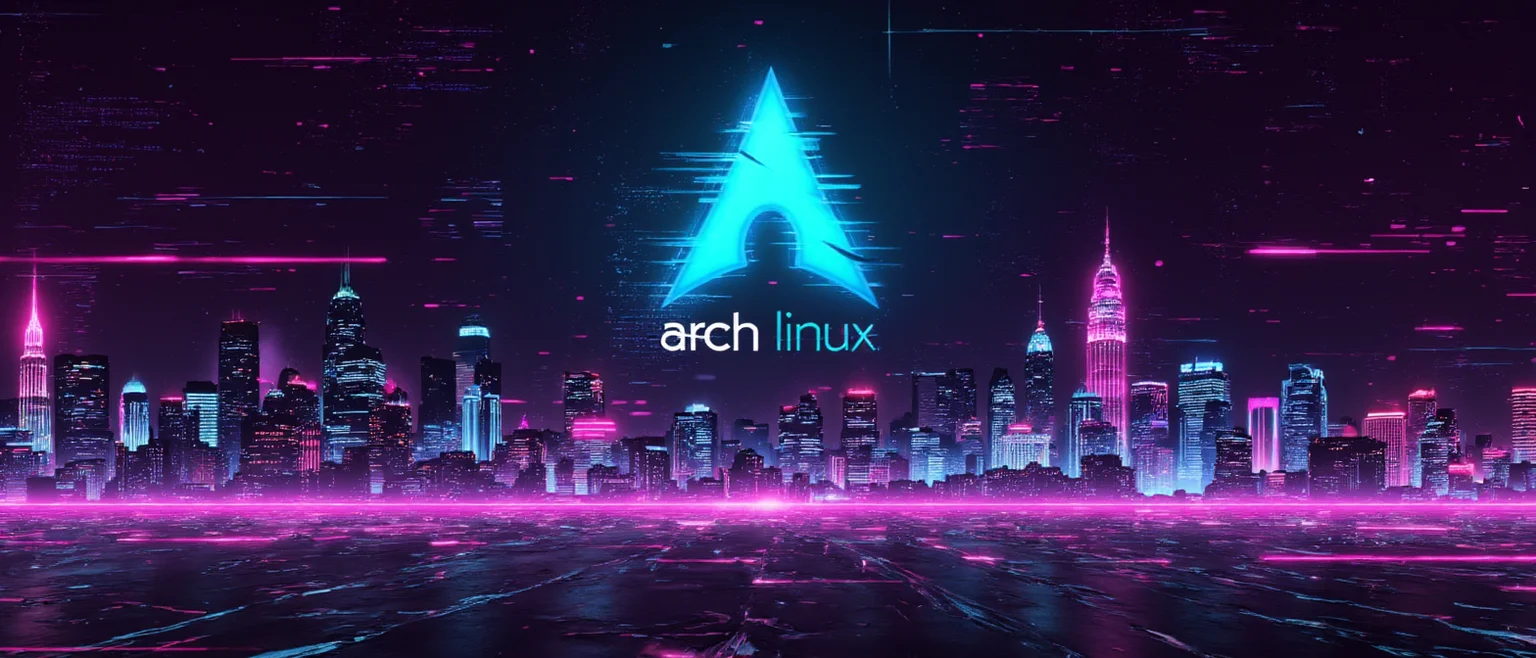 a neon blue arch linux logo above a futuristic neon sci-fi city landscape cyber city skyline at night with computer code background. neon, panorama, ultrawide aspect ratio, photorealistic, glitched graphic, gl1tchc0re, detailed texture, futuristic san francisco, tall buildings, night, skyscrapers, future city, cyberpunk, archlinuxlogo, ck-rw, in the style of ck-rw