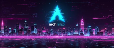 a neon blue arch linux logo above a futuristic neon sci-fi city landscape cyber city skyline at night with computer code background. neon, panorama, ultrawide aspect ratio, photorealistic, glitched graphic, gl1tchc0re, detailed texture, futuristic san francisco, tall buildings, night, skyscrapers, future city, cyberpunk, archlinuxlogo, ck-rw, in the style of ck-rw