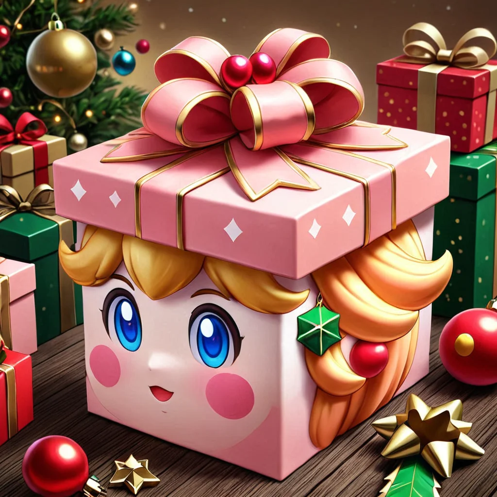 hol1d@yb0xprincess peach, <lora:HolidayBox:1> , festive, jolly, best quality, gift boxâââ