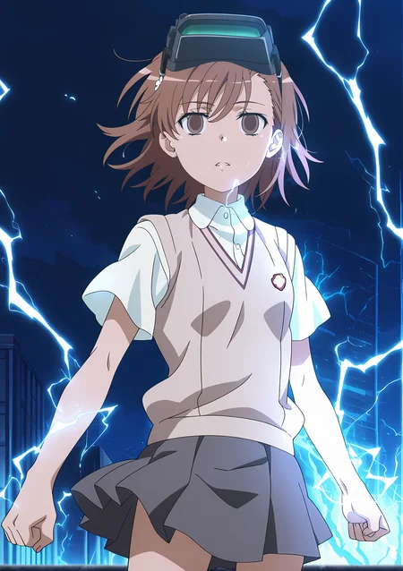 detailed background, official style,anime coloring, (anime screencap) masterpiece, detailed face,1girl <lora:Misaka_10032 (1):0.8>Misaka_10032, tokiwadai school uniform, school uniform, head-mounted display, brown hair, sweater vest, electricity, electrokinesis, brown eyes, empty eyes, skirt, short hair, floating hair, hero pose