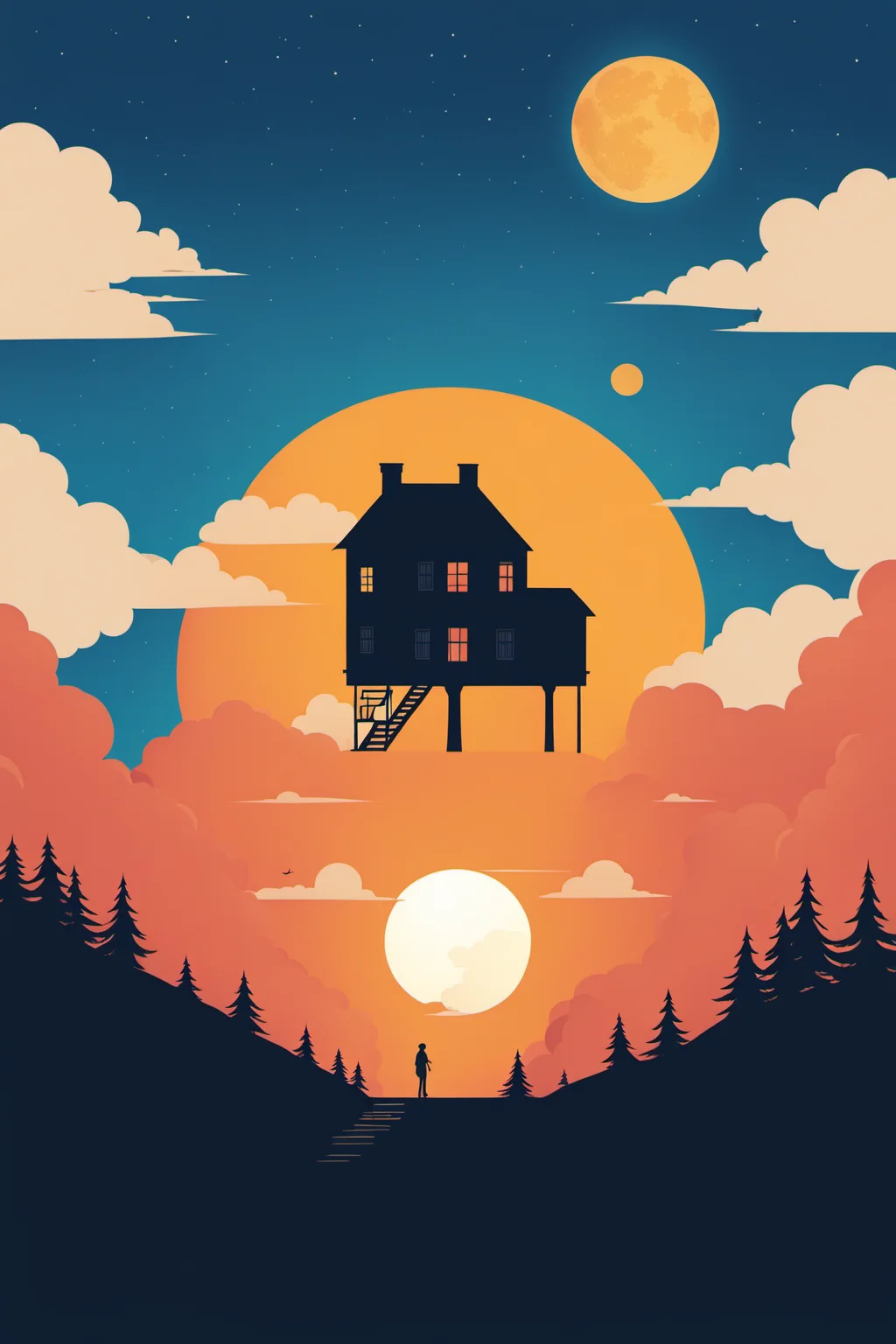 <lora:chahua:0.9>,ch,tree,silhouette,sun,moon,cloud,house,sky,outdoors,building,solo,scenery,