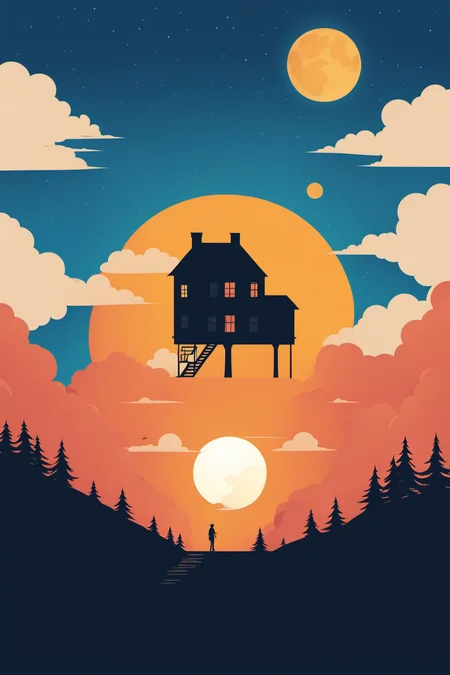 <lora:chahua:0.9>,ch,tree,silhouette,sun,moon,cloud,house,sky,outdoors,building,solo,scenery,