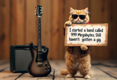A photorealistic cat standing upright on its hind legs next to a guitar. The cat is wearing sunglasses and a tiny leather jacket, giving off a cool, rockstar vibe. It is holding a sign that reads, 'I started a band called 999 Megabytes. Still haven’t gotten a gig.' The guitar is leaning against a small amplifier, and the background is a simple wooden stage with soft lighting. The cat's expression is serious, adding to the humor of the sign."