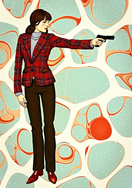 Ebru, Paper Marbling, young woman aiming G17Model pistol, wearing plaid blazer, turtleneck sweater, and straight-leg pants<lora:Glock (G17)_epoch_12.safetensors:1.0:1.0> <lora:Marbled_Magic_Paper_Marbling_FLUX_V1.safetensors:1:1>