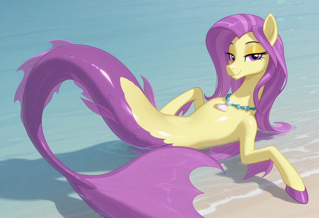 (masterpiece:1.2), (best quality:1.2), (very aesthetic:1.2), (absurdres:1.2), (detailed background), newest, sharp focus, perfect light, dynamic light, natural light, (best quality), my little pony, ocean flow, solo, water, purple eyes, 1girl, shell necklace, jewelry, no humans, purple hair, yellow skin, fins, looking at viewer, lidded eyes, yellow eyeshadow, dutch angle, shiny skin, glossy skin, shiny hair, glossy hair, full body, lying on back, beach, in water, siren, hippocampus, mermaid tail