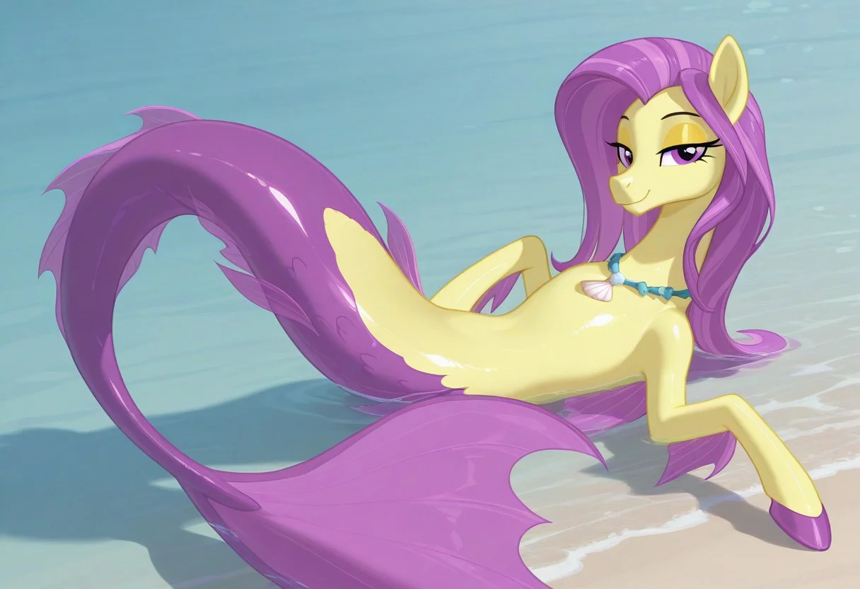 (masterpiece:1.2), (best quality:1.2), (very aesthetic:1.2), (absurdres:1.2), (detailed background), newest, sharp focus, perfect light, dynamic light, natural light, (best quality), my little pony, ocean flow, solo, water, purple eyes, 1girl, shell necklace, jewelry, no humans, purple hair, yellow skin, fins, looking at viewer, lidded eyes, yellow eyeshadow, dutch angle, shiny skin, glossy skin, shiny hair, glossy hair, full body, lying on back, beach, in water, siren, hippocampus, mermaid tail
