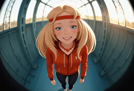 cinematic photo absurdres, high quality, masterpiece, very awa, 8k, absurd res, <lora:Alyonushka:1> alyanushka, alyonka, 1girl, necklace, blue eyes, jewelry, long hair, solo, blonde hair, freckles, headband, bead necklace, beads, pearl necklace, blush , sport wear, sport hoodie, sport pants, smile, <lora:Fish_eye_view:0.7> Fisheye View, . 35mm photograph, film, bokeh, professional, 4k, highly detailed