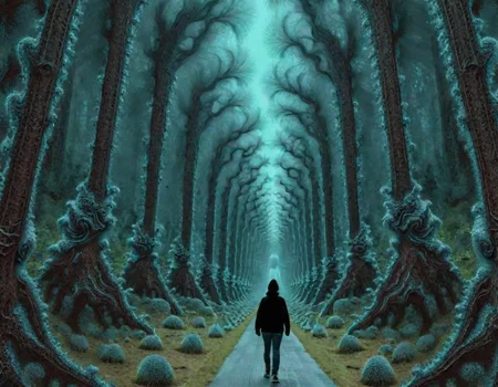 person walking through a Frac_XL forest<lora:Frac_XL:1>