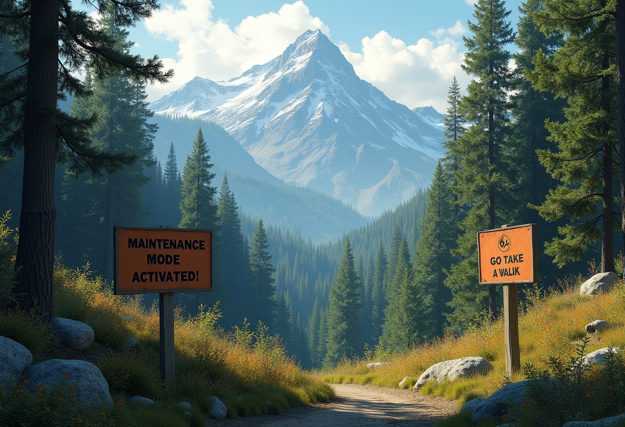 Very detailed photorealistic forest, mountains in background, with 2 sign in ground one says "Maintenance Mode Activated!" and the other says " Go take a walk"