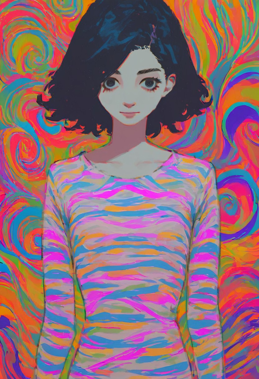 score_9, score_8_up, score_7_up, zPDXL2, detailed background, concept art, source_anime, small chest, dark theme, low light, solo, easynegative, source_anime, colorful abstract background, lineart_style, 1 girl, striped shirt, monochrome, colorful background,