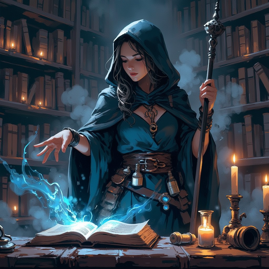 Special Ink-drawing mode, soft lighting with dynamic highlights, the scene depicts a female mage standing in a mysterious library. She holds a glowing staff in her right hand while reaching out toward an open book that emits a magical blue light. Potion vials hang at her belt, and her attire is medieval, complete with a hooded cloak. The atmosphere is filled with mystery, with ancient books and candles adding to the arcane ambiance, as if she’s in the midst of casting a powerful spell