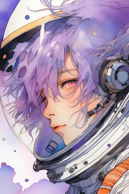 (realistic:1.1),water color ,oil color,(1boy ),,lip, Gorget,rice bran, Rust gradient background, fluorescent purple hair,Shag hair, astronaut ,, (masterpiece,best quality,niji style)
