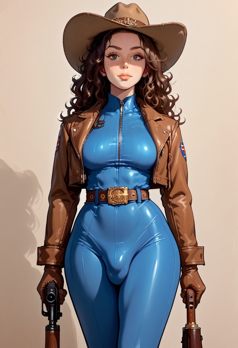 score_9, score_8_up, score_7_up, propaganda, American, trans girl, big bulge, ladybulge, solo, holding rifle,  perfect eyes, curvy body, large sagging breasts, big butt, narrow waist, wide shoulders, lewd expression, posing sensually, denim bodysuit, leather jacket, cropped jacket, hunting rifle, curly hair, long hair, cowboy hat, forehead, skin tight, bulge, thicc, tall, thigh gap, fit thighs, brown gloves, belt buckle, wide belt, freckles, big eyes, secret agent, big bulge,