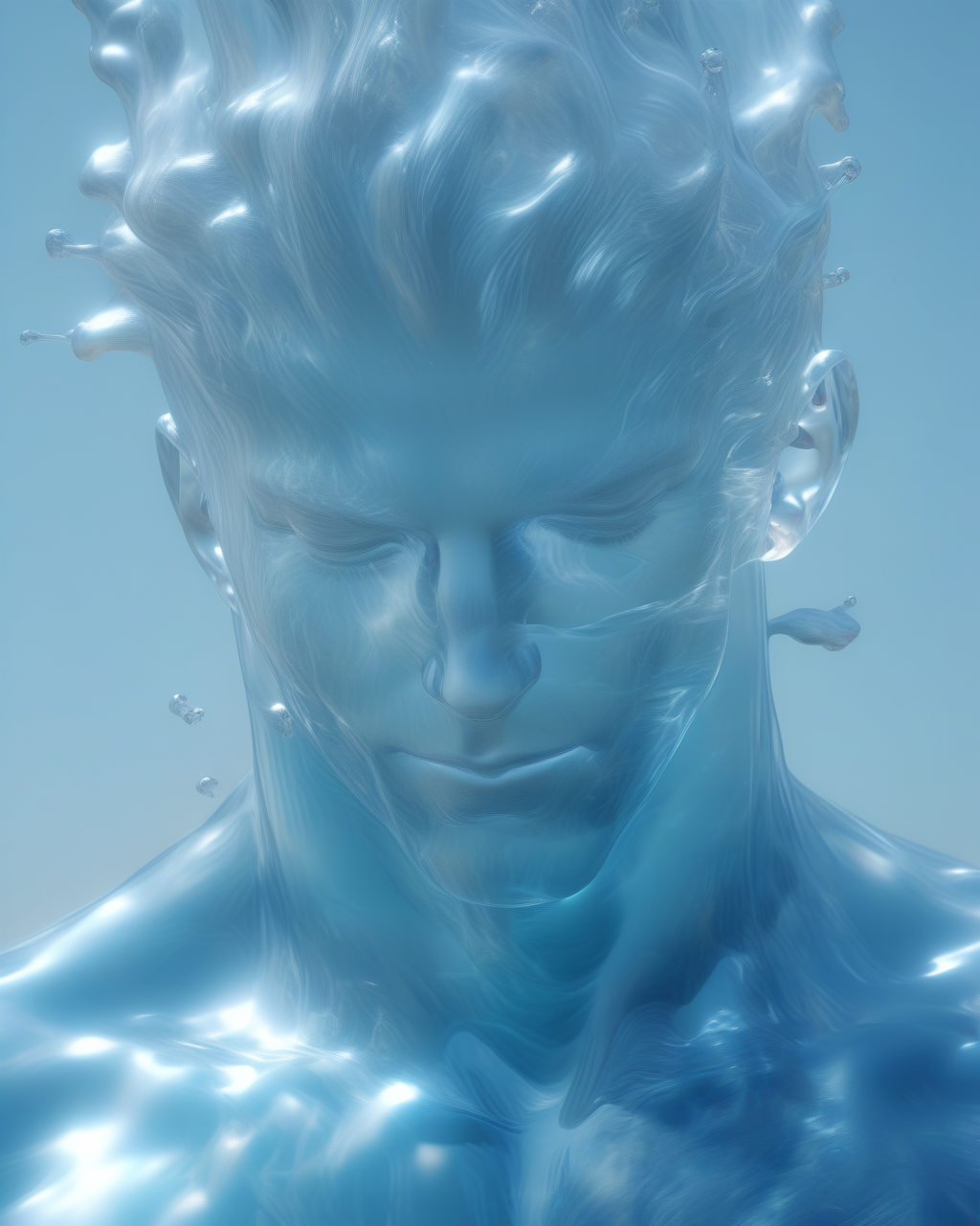 male water elemental,  
portrait, close up shot, front view shot,
fully transparent body,
transparent face, transparent hair,
man
 <lora:MaleWaterElemental_Portrait_v1:0.8>