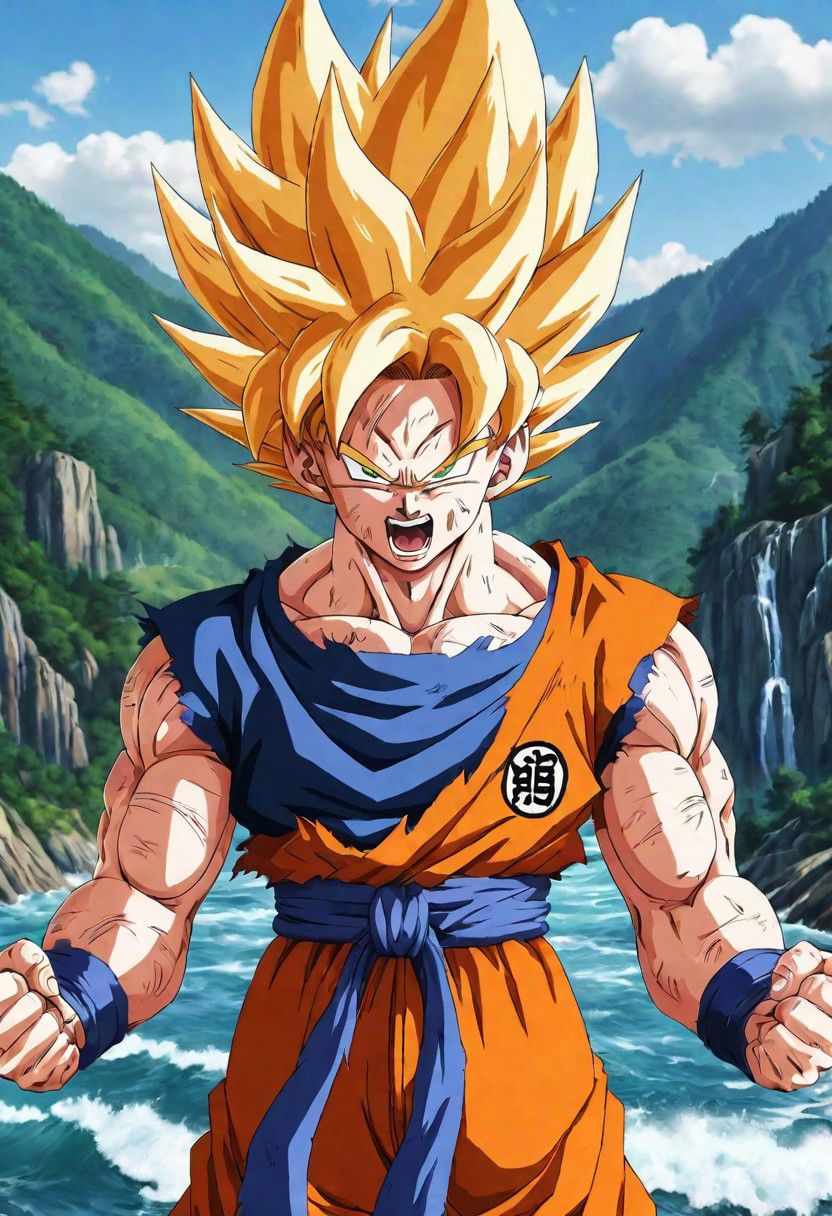 Portrait close( Son Goku Sayan Namek, Clothes 75% Broken,Screaming:1.0), green eyes, in amazing background montains, forest, sea, nature, 8k   detailed face,
