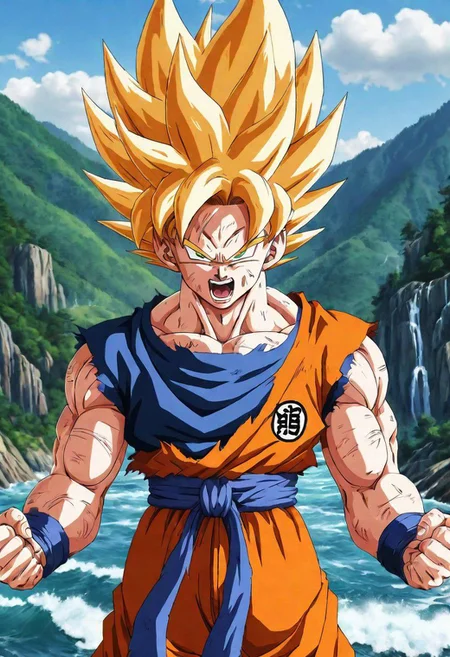 Portrait close( Son Goku Sayan Namek, Clothes 75% Broken,Screaming:1.0), green eyes, in amazing background montains, forest, sea, nature, 8k detailed face,