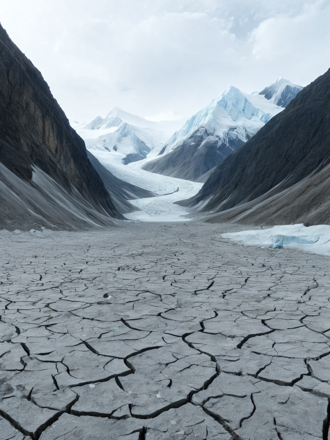 A ais-prchd glacier receding into the mountains, leaving behind a barren valley once carved by ice <lora:ais-prchd-sdxl:1>