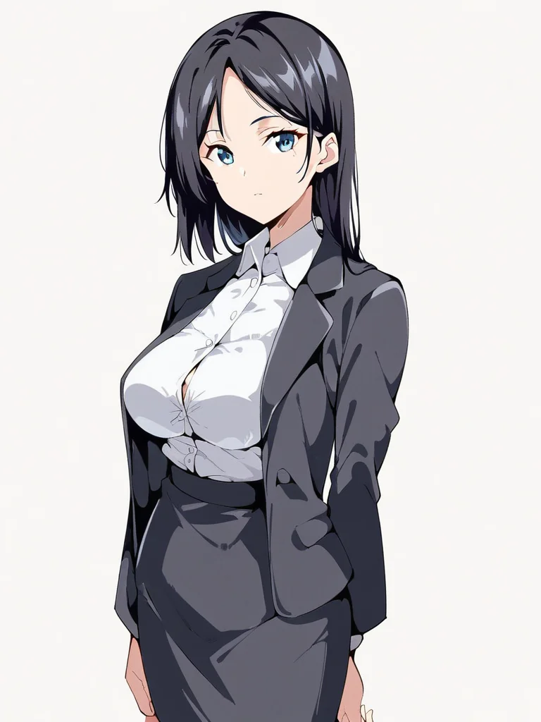 score_9, score_8_up, score_7_up,  
1girl, blue eyes, takeuchi dt, black hair, long hair, large breasts,

standing, looking at viewer, expressionless, white background, office lady, black jacket, black skirt, white shirt, solo,
