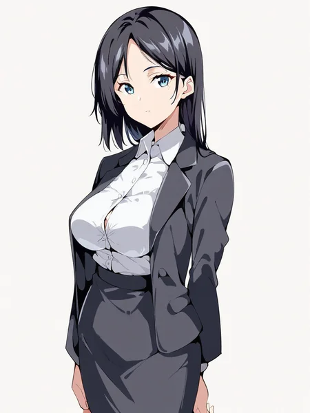 score_9, score_8_up, score_7_up,  
1girl, blue eyes, takeuchi dt, black hair, long hair, large breasts,

standing, looking at viewer, expressionless, white background, office lady, black jacket, black skirt, white shirt, solo,
