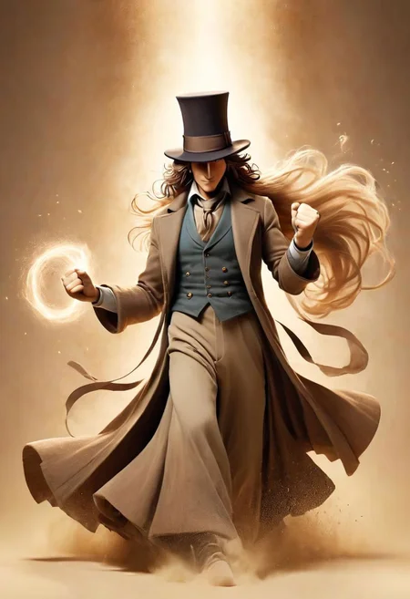 Surreal Harmony, Professor Layton in Jean Paul Gaultier Advertisement, Long Hair, Fighting stance Pose, Action Pose, fists in Motion, light cutting through dust, bright veil of light Emitter from fists Motion, very detailed, high quality, Studio,
