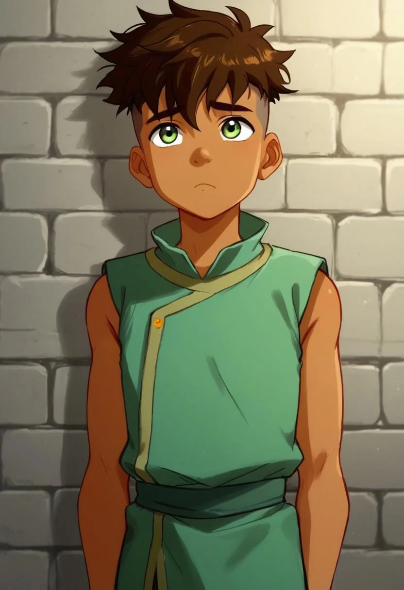 1boy, solo, cute boy, Kai, Brown Hair, Undercut, Green Eyes, Prison Tunic, sleeveless, dark skin