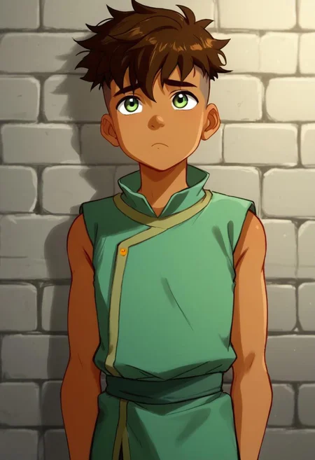 1boy, solo, cute boy, Kai, Brown Hair, Undercut, Green Eyes, Prison Tunic, sleeveless, dark skin