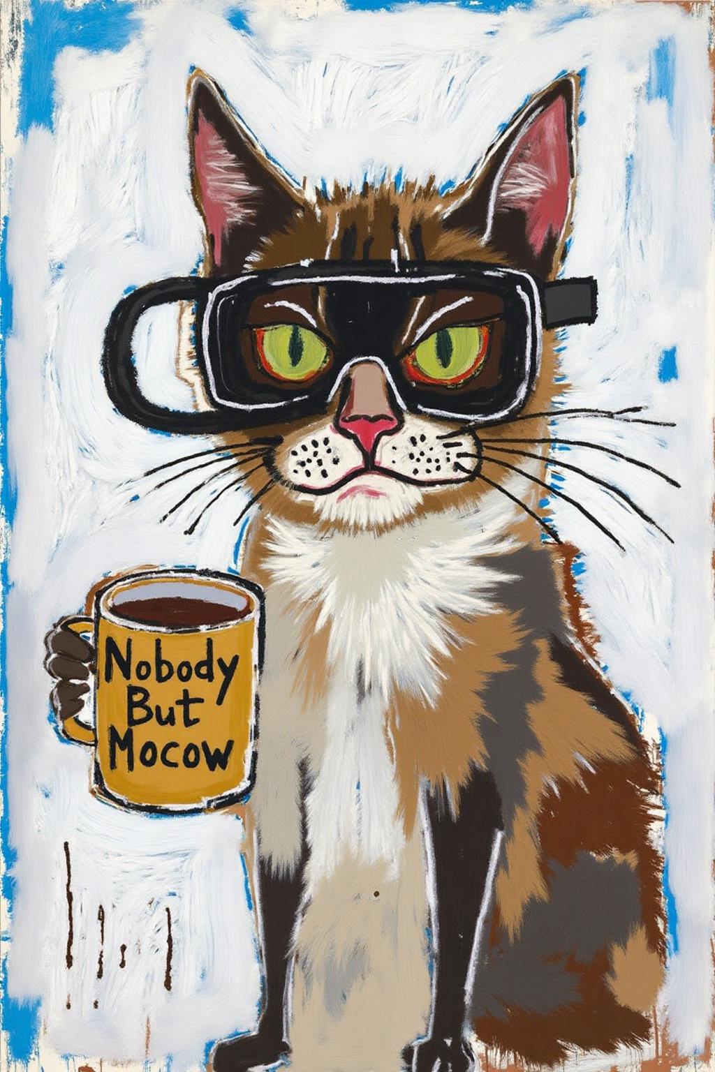 basquiat1 painting.
Grumpy Cat holding a coffee mug, wearing a VR Headset. The mug has the phrase "NobodyButMeow" printed 
 <lora:basquiat1_cap_d6a3e11:1.0><lora:835169263007309796:0>