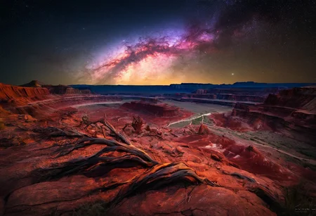 Majestic jagged rocky mountains, red mesas, (wind eroded colorful rock formations:1.25), twighlight, starry night, (petrified forest national park:1.25), arizona, astrophotography, <lora:Earth35:0.4>