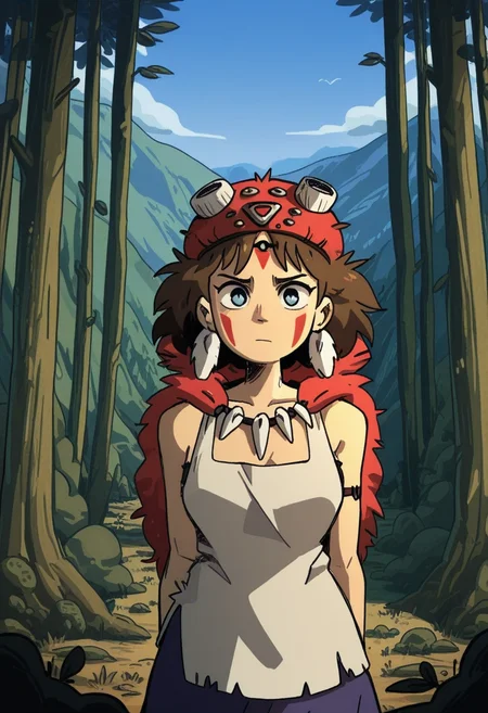 blorstyle,   masterpiece,  best quality, solo, princess mononoke, blue eyes,  tribal clothing, wooded area, blue sky, bust shot