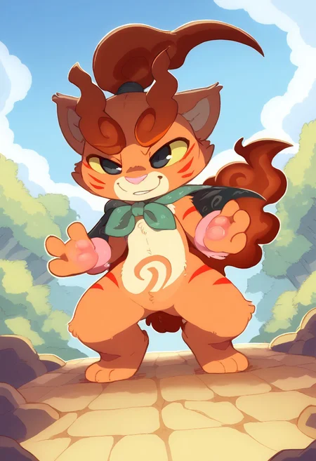 score_9, score_8_up, score_7_up, anthro, male,solo, antropomorphic Torajirō,, komainu, pale-orange fur, brown flame tail,brown flame ponytail, flames, cape, sclera,by Backsash,nose,black eyes,four fingers,Japanese temple background,battle position,outdoors,battle