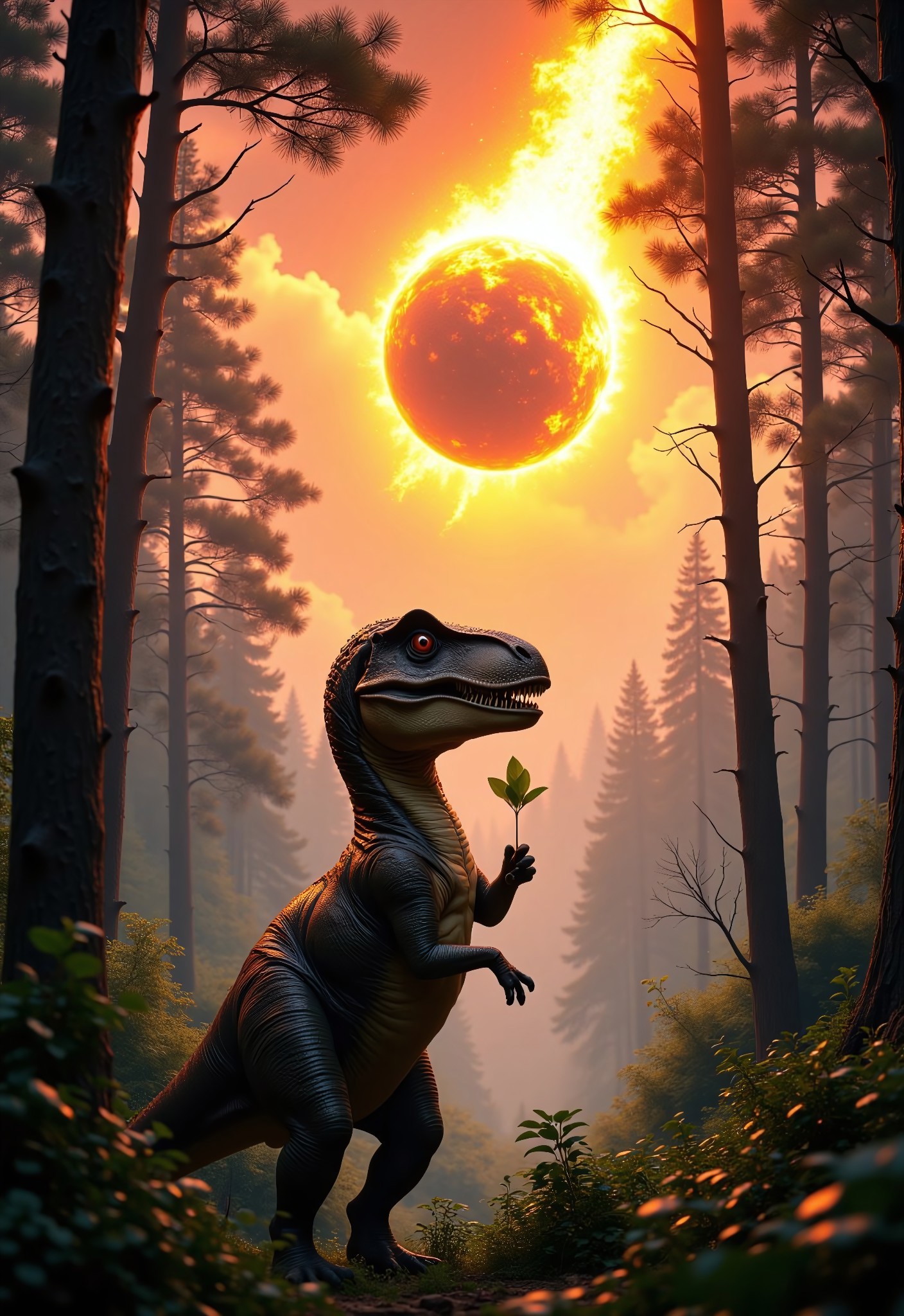 aidmaimageupgrader, a intricate and high quality digital image of the happiest dinosaur you've ever seen is standing in a clearing in the forest, happily eating the leafs from the top of a tree. High above her in the sky we see a massive flaming asteroid crashing down to earth leaving a trail of fire in its wake
