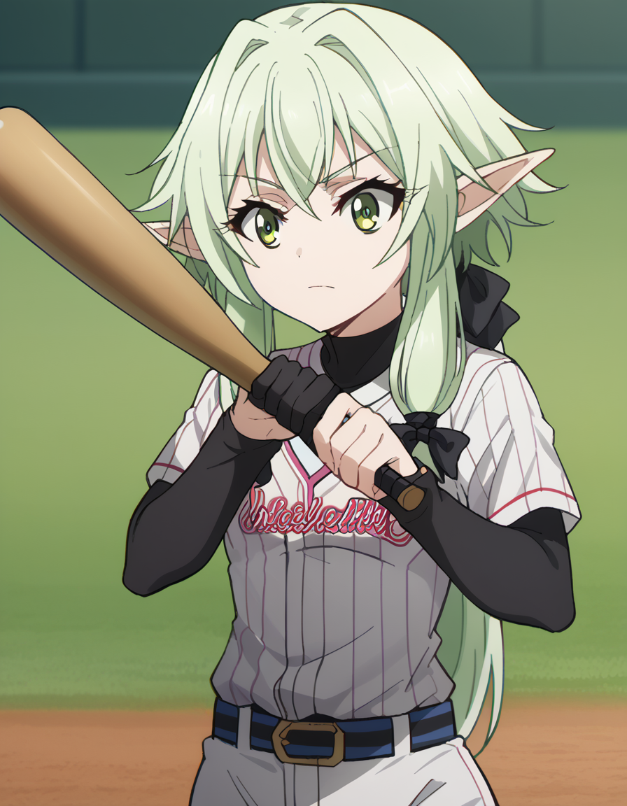 score_9, score_8_up, score_7_up, source_anime, <lora:high-elf-archer-s2-ponyxl-lora-nochekaiser:1> high elf archer, long hair, green eyes, bow, hair bow, black bow, sidelocks, green hair, pointy ears, elf,, <lora:baseball-uniform-ponyxl-lora-nochekaiser:1> baseball uniform, baseball, striped belt, shirt under shirt, sportswear, ribbed shirt, baseball helmet, baseball bat, baseball jersey, baseball field, holding baseball bat,, , cowboy shot,