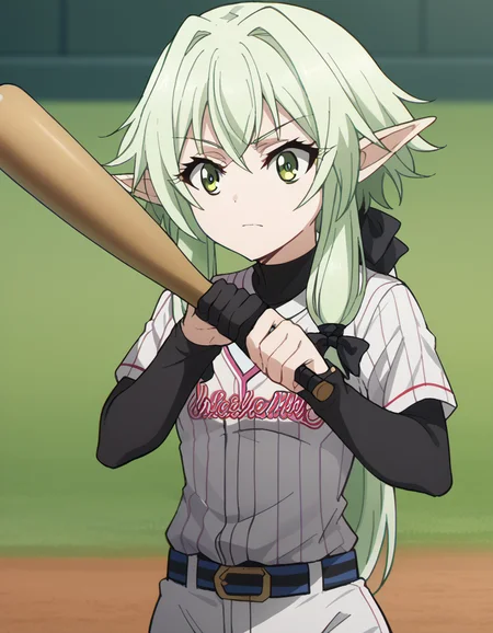 score_9, score_8_up, score_7_up, source_anime, <lora:high-elf-archer-s2-ponyxl-lora-nochekaiser:1> high elf archer, long hair, green eyes, bow, hair bow, black bow, sidelocks, green hair, pointy ears, elf,, <lora:baseball-uniform-ponyxl-lora-nochekaiser:1> baseball uniform, baseball, striped belt, shirt under shirt, sportswear, ribbed shirt, baseball helmet, baseball bat, baseball jersey, baseball field, holding baseball bat,, , cowboy shot,