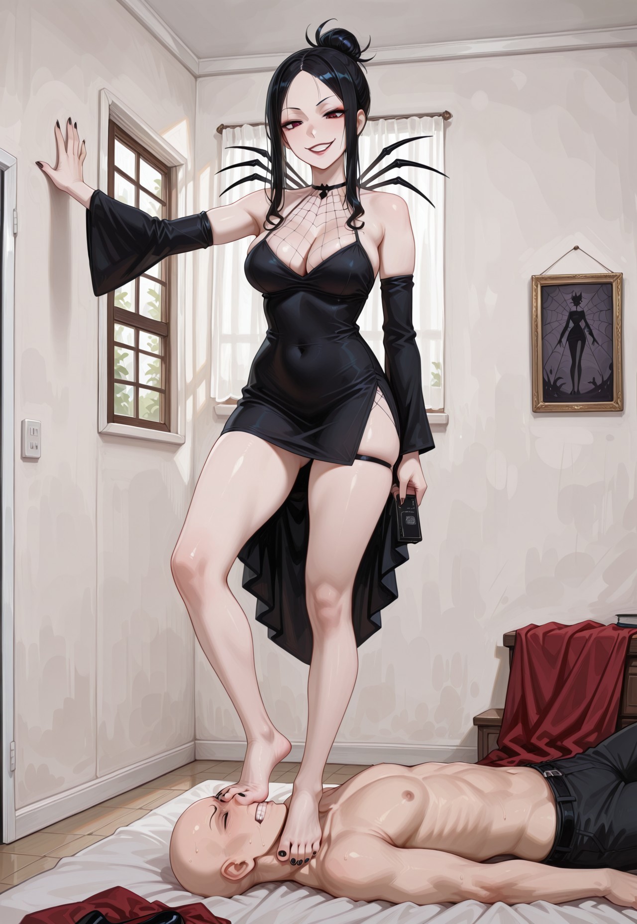 ThTrFe, standing on neck, crushes neck, trampling, femdom, hetero, neck stomp, forced, squeezes neck with foot, cruel,  

1girl, zzArachne, sidelocks, hair bun, black hair, lipstick, bare shoulders, cleavage, makeup, long hair, detached sleeves, black dress, spider web, shoe, skindentation, dominant female, skinny, evil smile,

1boy, slave boy, bald boy, boy clenched his teeth in pain, boy with long neck, 

absurdres, masterpiece, best quality, very aesthetic, 748cmstyle, 