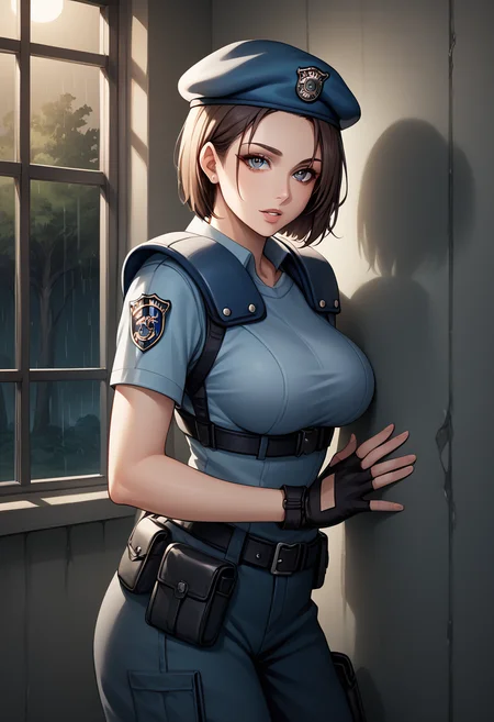 score_9, score_8_up, score_7_up, score_6_up, source_anime, BREAK masterpiece, <lora:REJill:1>, JillSTARS, brown hair, bob cut, short hair,beret, shoulder holster, police uniform, fingerless gloves, night, dilapidated, indoors, furniture, large window, trees, shadows, leaning, against wall, breasts, parted lips, horror (theme), looking at viewer, rain, indoors, hand on wall,