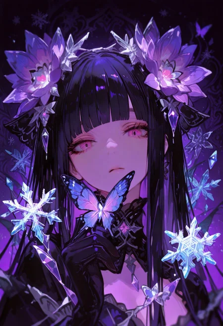 (Theme: Draconic Crystals). masterpiece, newest,absurdres,incredibly absurdres,1girl, Miki, solo, bug, butterfly, bangs, black hair, looking at viewer, long hair, blunt bangs, purple eyes, purple theme, eyelashes, flower, pink eyes, snowflakes look like crystals,
dark_theme,abstract background,
depth of field,white sphere on the background