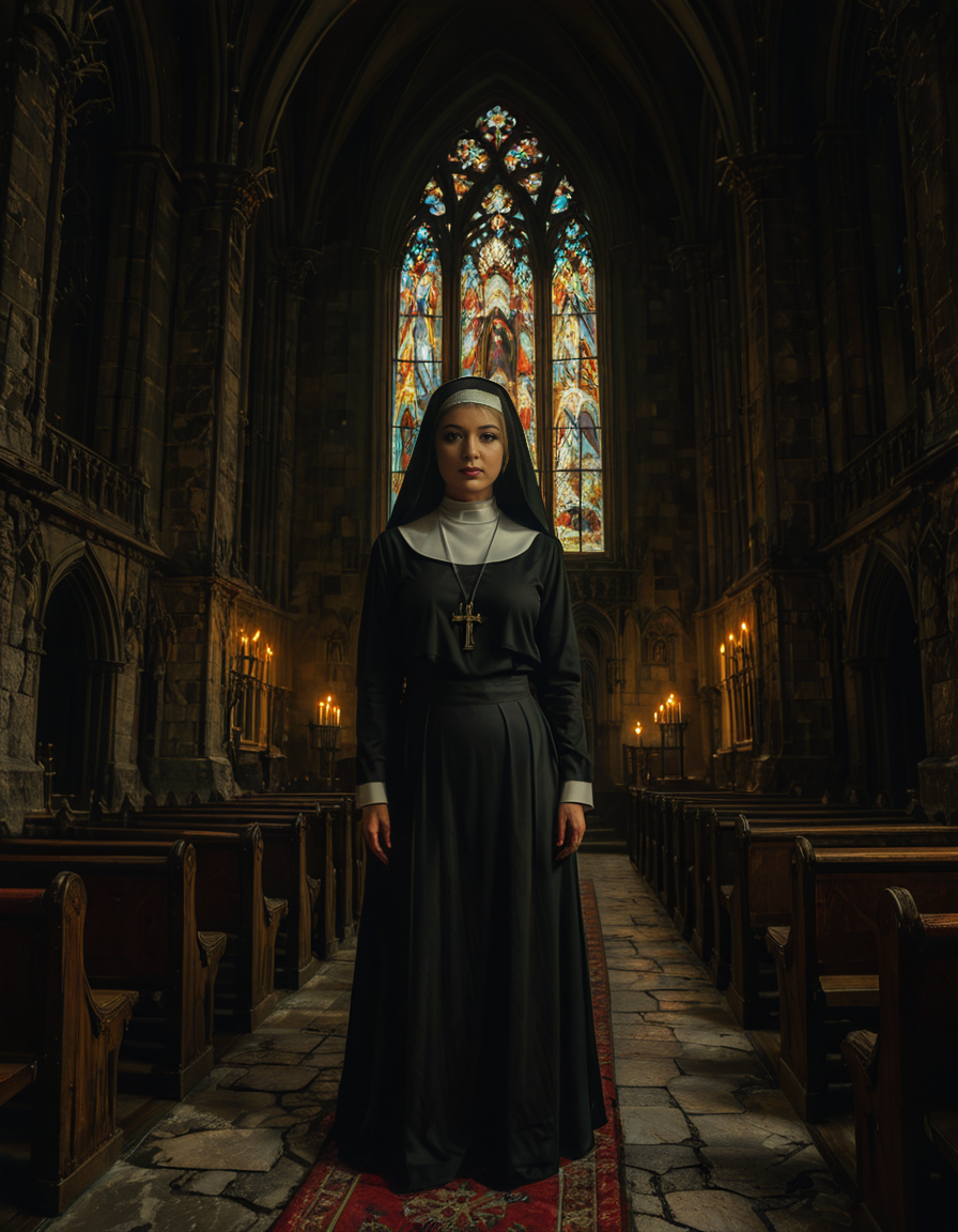 nsfw,focus on a nun,A gothic scene featuring a mysterious woman dressed as a nun in a flowing black latex habit with intricate lace detailing and choker and a red bra, standing solemnly inside of a G0th1c church. The atmosphere is charged with tension as an otherworldly presence seems to loom over the scene, casting eerie red and black shadows on the ancient stone. Other nuns in the background appear uneasy, their movements slow and dreamlike, as if they are being influenced by an unseen dark force. The cathedral's gothic architecture towers above with sharp spires, grotesque gargoyles, and a glowing stained-glass window radiating an unnatural crimson light.<lora:SDXLFaeTastic2400:0.4> <lora:extremely_detailed:0.4> extremely detailed, <lora:G0th1c_church:1>, Masterpiece,best quality,hi res,8k,hi res,8k,award winning,(sharp focus, intricate, highly detailed),
