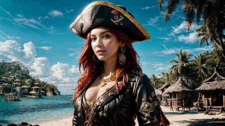 (young redhead pirate woman), (portrait), sharp focus, (ultradetailed), (standing), (happy) smile, pirate (ship galleon:1.2, hoop earrings, gold medallion, Primary Bluepirate clothes, pirate hat, hips, (pirate parrot:1.2), pirate (village), leafy beach coast, (treasure chest with coins, gems and jewels:1.2), rum barrel, best quality masterpiece, bright sunny sky, backlight, natural lights, high contrast, hdr, shadows, pretty, beautiful, feminine, sexy, adorable, lovely, in love, (PirateDiffusionprt:0.5), <lora:Pirate:0.3> PrateT <lora:PirateRealms:0.3> <lora:Detail Tweaker LoRA add_detail:0.8> <lora:depth_of_field_slider_v1:5> <lora:SDXLrender_v2.0:0.9>