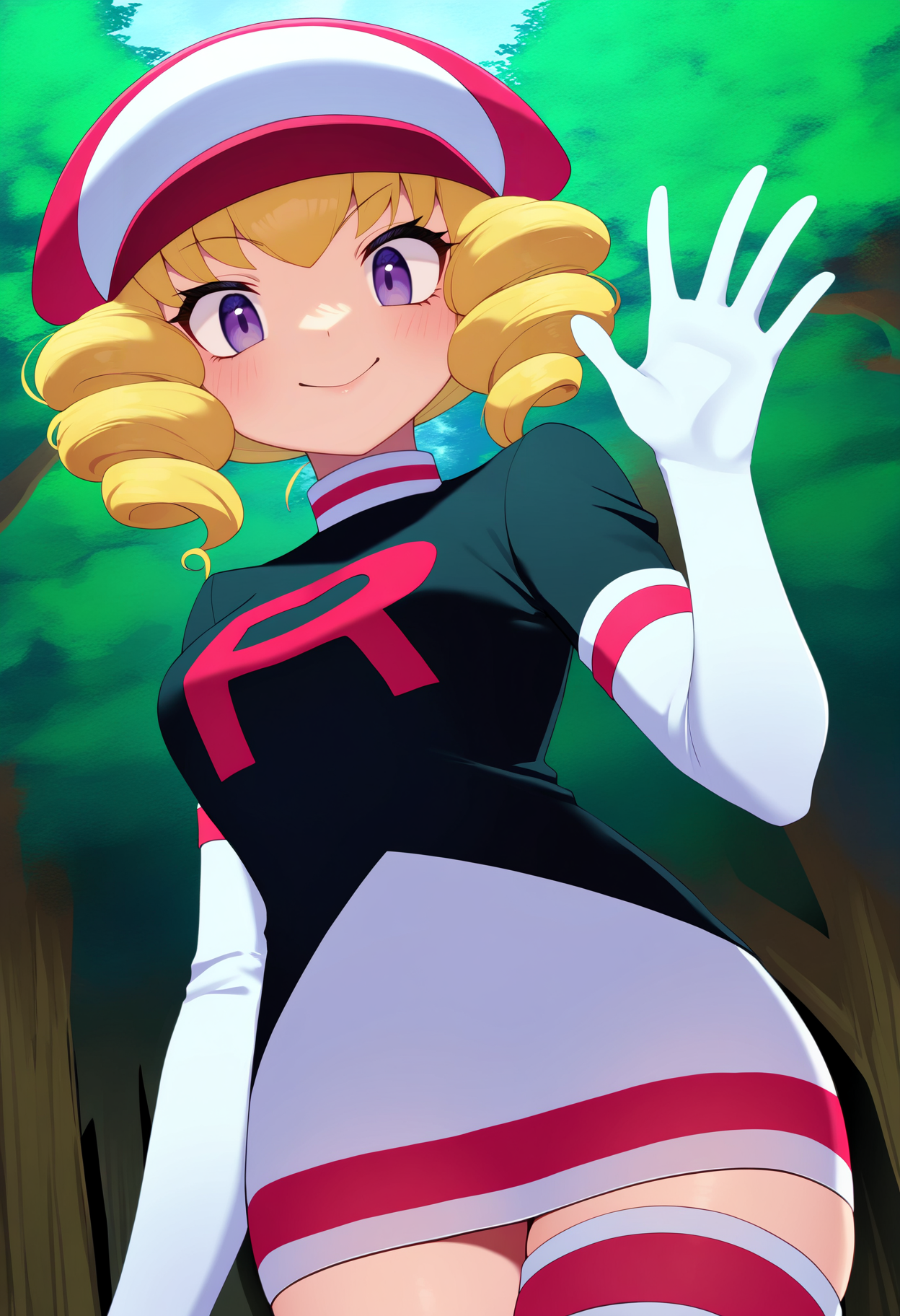 masterpiece, best quality, very aesthetic, absurdres,
1girl, domino, blonde hair, purple eyes, drill hair,
team rocket, thighhighs, team rocket uniform, hat, skirt, thigh boots, elbow gloves,
waving, smile, solo, looking at viewer, trees, forest background, <lora:DominoNoobXL_byKonan:1>