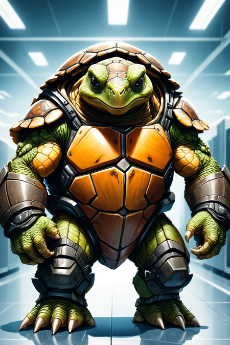 Detailed digital illustration of an anthro Tortoise (Tilting head, appearing curious) at a Megacorporation research facility with high-tech security, <lora:xl_more_art-full_v1:0.5>, <lora:anthro_muscular:0.7> , <lora:madpunk:0.4> madpunk