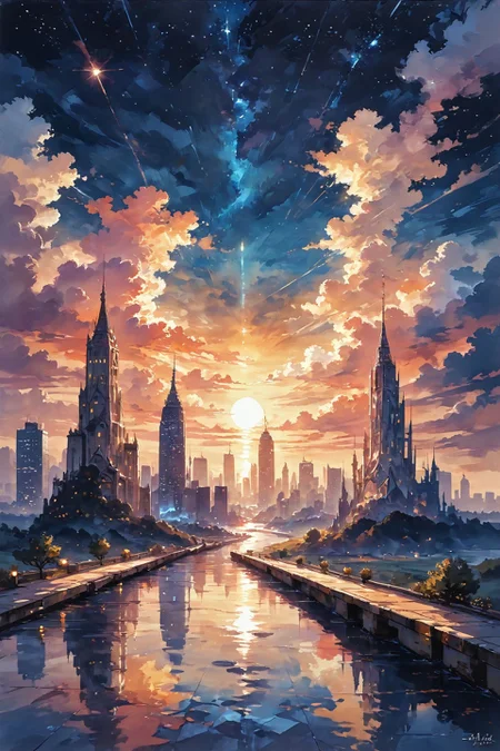 score_9,score_8_up,score_7_up,
<lora:(增强)sdxl_lightning_8step_lora:1>,<lora:glowneon_xl_v1:1>,glowing,
<lora:ArsMJStylePony_-_Watercolor:0.4>,arsmjstyle,watercolor,hyper-detailed,best quality,masterpiece,colourful,
Official Art,Unity 8K Wallpaper,Extreme Detailed,Beautiful and Aesthetic,Masterpiece,Top Quality,perfect anatomy,a beautifully drawn (((ink illustration))) depicting,integrating elements of calligraphy,vintage,yellow and purple accents,watercolor painting,(best illustration),(best shadow),Analog Color Theme,vivid colours,contrast,smooth,sharp focus,scenery,outdoors,sky,cloud,no humans,night,building,star \(sky\),night sky,scenery,starry sky,reflection,sunset,city,cityscape,city lights,