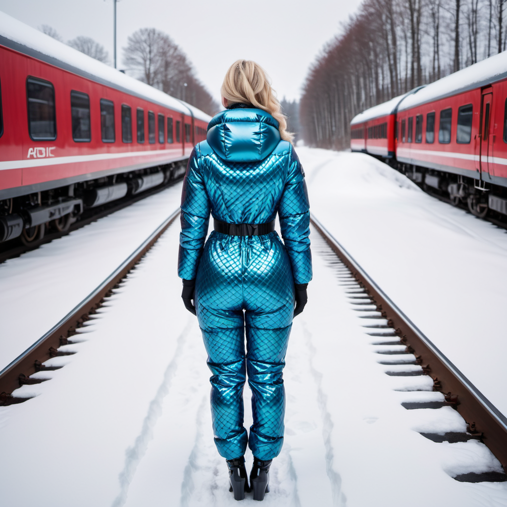 (from behind her back)  one nordic middle aged women wearing aIkat patterns   latex downsuit puffer_downsuit , hyperdetailed photography,4k textures,intricate details,4k resolution,  <lora:puffer_downsuit_v1:0.4> train scene